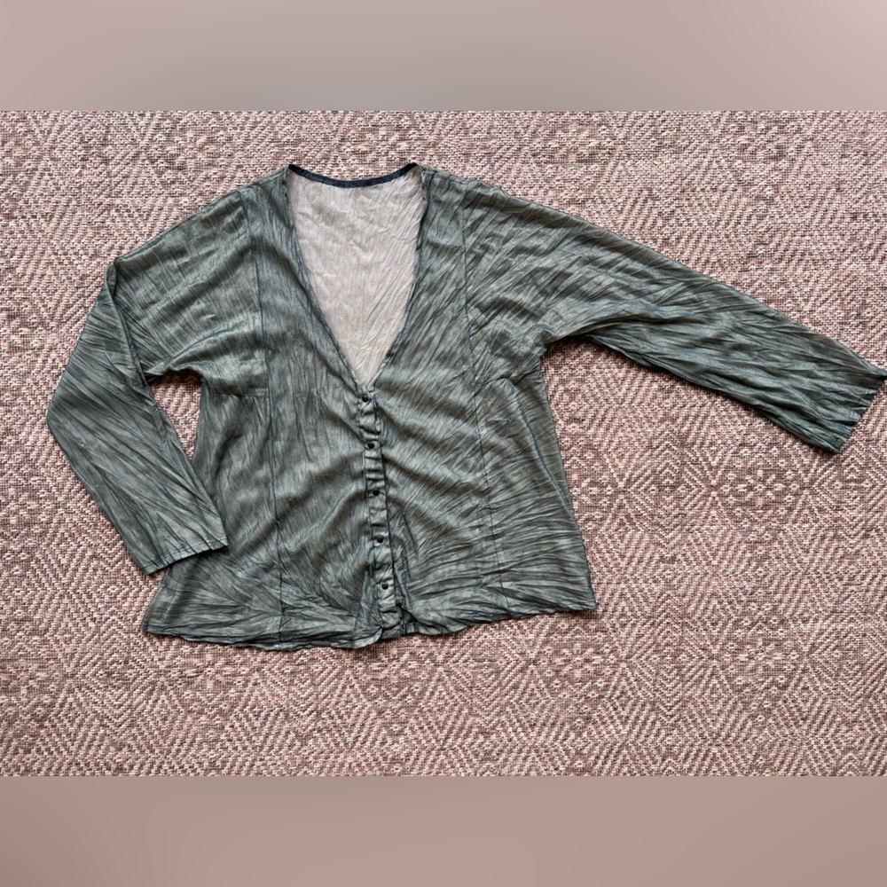 Babette SF Artsy Green Snap Front‎ Pleated Blouse Cardigan Womens XS